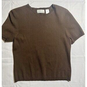 Alfred Dunner Sweater Womens Petite Large PL Brown Short Sleeve Crew Neck Beads